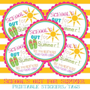Printable, DIY, Schools Out, Sun, Flip flops, girls, Summer, Labels, stickers, Hang Tags, Last day of school tags and stickers image 1