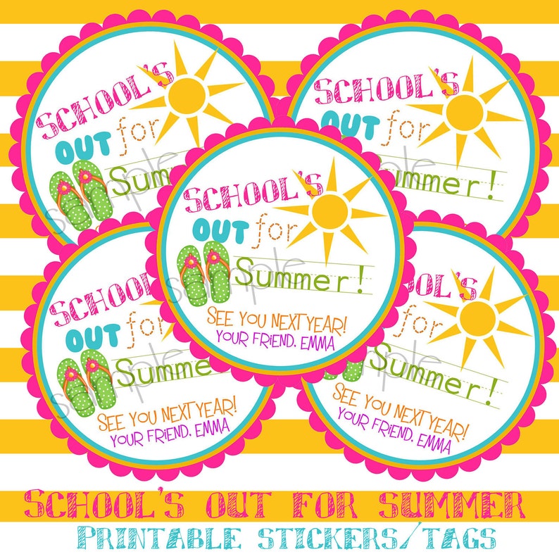 Printable, DIY, Schools Out, Sun, Flip flops, girls, Summer, Labels, stickers, Hang Tags, Last day of school tags and stickers image 1