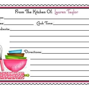 Personalized Recipe Cards, Littlebeane Mixing Bowls, Kitchen, Cooking, Baking, Set of 12 Recipe cards