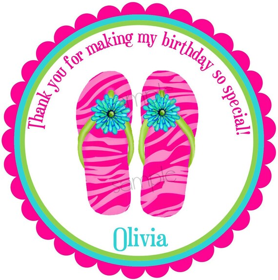 Flip Flop Stickers, Flip Flops, Hot pink, zebra, Summer, Beach, Pool Party, Tropical, Birthday, Favor, Custom, Set of 12 Il_570xn