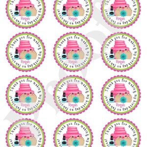 May include: Nine pink and green circular thank you stickers with a white scalloped border. Each sticker features a pink cake, a bottle of nail polish, and a pair of feet with blue and pink nail polish. The text on the sticker reads "Thank you for making my birthday so fabulous! Regan".