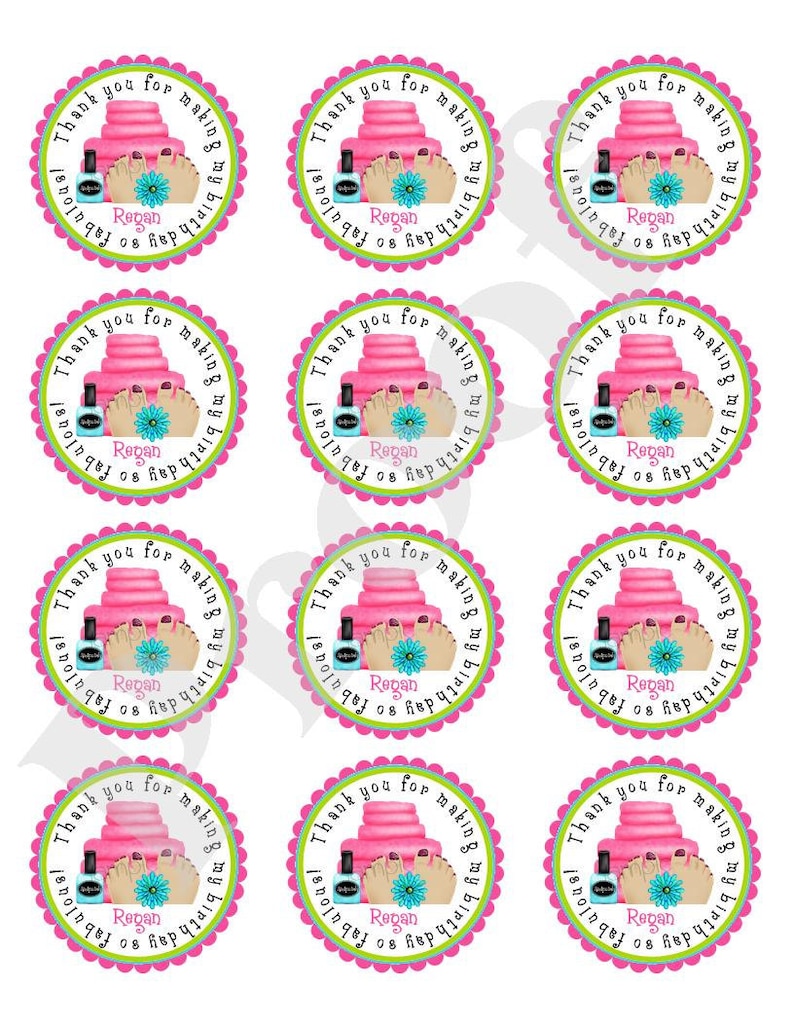 May include: Nine pink and green circular thank you stickers with a white scalloped border. Each sticker features a pink cake, a bottle of nail polish, and a pair of feet with blue and pink nail polish. The text on the sticker reads "Thank you for making my birthday so fabulous! Regan".