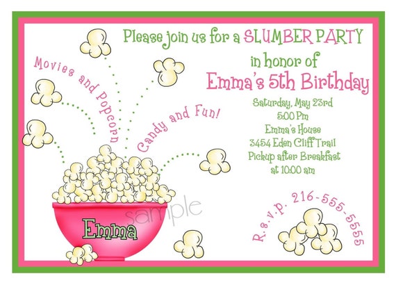 Slumber party Invitations,Sleepover invitations, Popcorn, Movie Night invitations, Girls, Teens, Labels, favor, stickers, birthday, party Il_570xn
