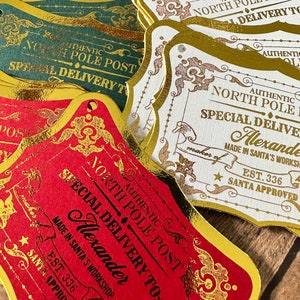Gold Santa Gift Tags, Personalized Santa Gift Tags, Special Delivery Tags, Christmas Gift Tags from the North Pole, Santas Toy Shoppe