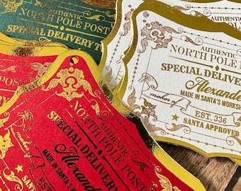 Gold Santa Gift Tags, Personalized Santa Gift Tags, Special Delivery Tags, Christmas Gift Tags from the North Pole, Santas Toy Shoppe