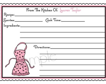 Personalized  Recipe Cards, Littlebeane Cooking Apron, Cooking, Baking, Kitchen, Wedding, Shower, Hostess, Housewarming, set of 12