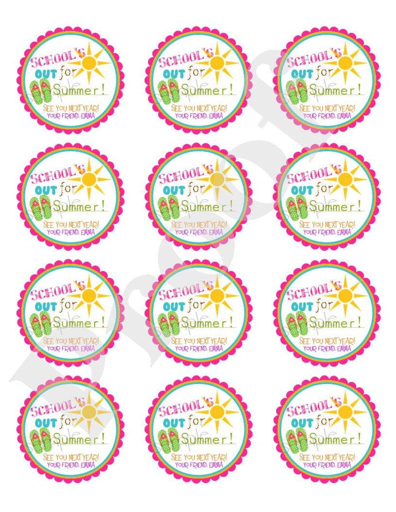 Printable, DIY, Schools Out, Sun, Flip flops, girls, Summer, Labels, stickers, Hang Tags, Last day of school tags and stickers image 2