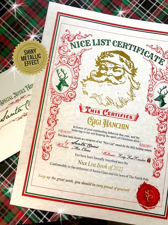 Santa Nice List Certificate, GOLD Printed Santa Certificate, Santa
