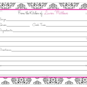 Personalized Recipe Cards,Damask Recipe cards,Flourish Scroll recipe cards,Kitchen Recipes,Cooking,Baking,Set of 12 Recipe cards
