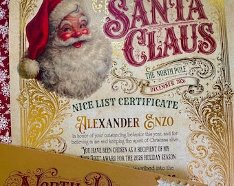 Personalized Santa Letter Nice List Certificate 2026 | Gold Foil Print | Official North Pole Christmas Keepsake