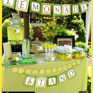 May include: A lemonade stand set up outdoors with a green and yellow checkered tablecloth. The stand is decorated with a banner that reads "Lemonade Stand" and has a pitcher of lemonade, cups, and other treats.