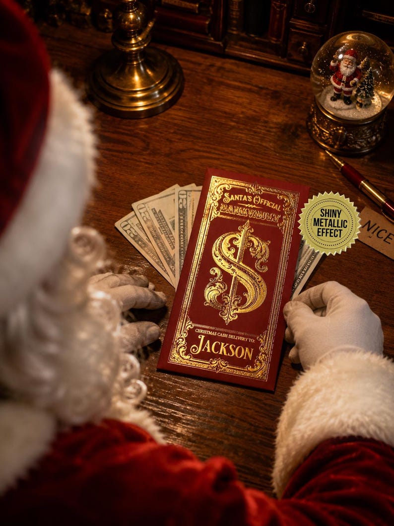 May include: A rectangular red envelope with gold foil detailing, featuring the text Santa's Official Bank Vault and Christmas Cash Delivery To: Jackson, with a large ornate dollar sign in the center, held by gloved hands over US twenty-dollar bills.