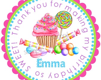 May include: A pink and white cupcake with sprinkles, a colorful lollipop, and candy are on a round, pink, green, and blue circle with the text "Sweet! Thank you for making my birthday so very Emma".