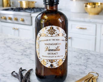 Personalized Gold Damask Vanilla Extract Labels, Waterproof Vinyl Bottle Stickers