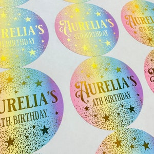 Rainbow Stickers, Shimmer Rainbow Stickers, Happy Birthday, Pastel Rainbow, Rainbow Birthday party, favor stickers, GOLD Thank you sticker