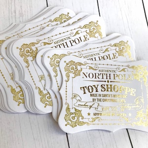 GOLD Santa Gift Labels - Santas Workshop Stickers - Christmas present labels from the North Pole - Santas Toy Shoppe labels