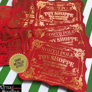 Gold Foil North Pole Gift Labels, Santa's Workshop Stickers, Christmas Present Tags