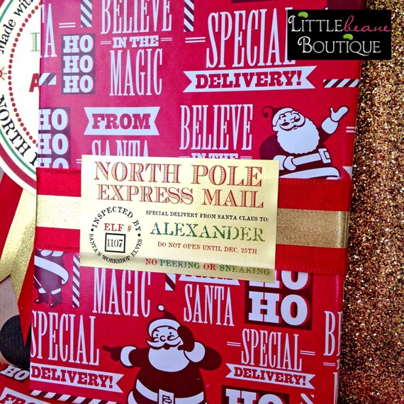 GOLD Christmas Express Mail Stickers, Air Mail stickers, Santa Air mail Stamp, north pole Postmark , Santas Workshop, Gift Stickers Il_570xn