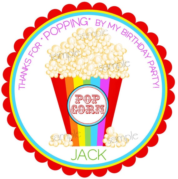 Popcorn stickers, Rainbow Popcorn, Movie night party, Circus Party, personalized, labels, favor stickers, birthday,set of 12 Il_570xn