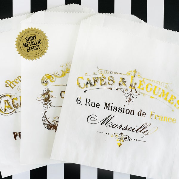 GOLD French bakery bags, French patisserie bags, boulangerie bag, Paris Party treat bag, sandwich bag, Vintage French, Croissant bag