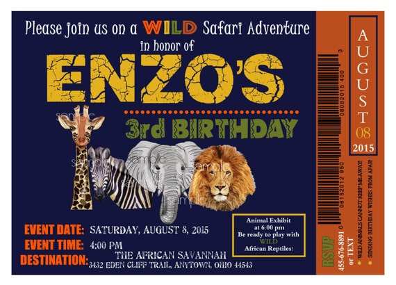 African Safari Invitations,Safari invitations,Jungle invitations, Safari Ticket, ,Safari Birthday party,Jungle animal invitations, Zoo, kids Il_570xn