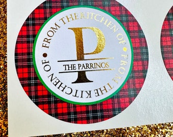 Gold Christmas Kitchen Stickers, Christmas Plaid Baking Labels, Personalized Baking Labels, Gold Monogram Labels, From the Kitchen of label