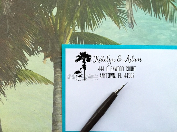 Flamingo Address Stamp,Flamingo return address,Palm Tree address stamp, self inking stamp,Wedding stamp,Custom,Personalized Stamp,#16-71 Il_570xn