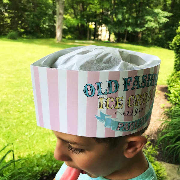 Cappellini da festa gelato stampabili, cappelli Soda Jerk per bambini, festa di compleanno di gelato, gelateria vintage, cappelli gelato fai da te per bambini