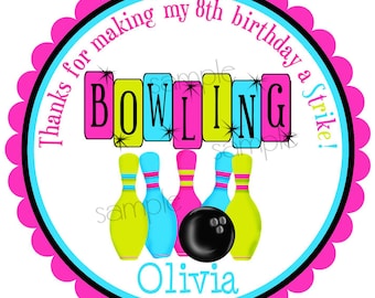 Autocollants de bowling, fête d'anniversaire de bowling, bowling cosmique, autocollants personnalisés, étiquettes de faveur, fête d'anniversaire, enfants, filles