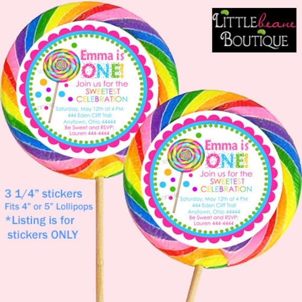 Large Lollipop Stickers, Sweet Shop Lollipop with Polkadots, HOT COLORS, Personalized stickers, labels, favor, Candy Birthday