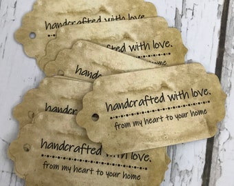 Personalized Tags, handcrafted with love, Rustic gift Tags, Vintage Gift Tags, Old World, handmade Tags, primitive tags, homemade with love