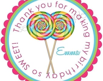 May include: Round pink, green, and blue favor tag with a white background. The tag features two colorful lollipop images and the text "Thank you for making my birthday so sweet! Emma".