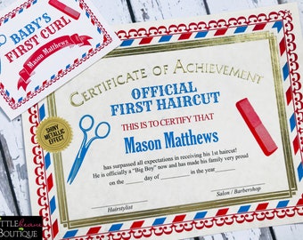 Personalized Baby's First Haircut certificate and Envelope, Baby Book Hair Keepsake,  1st Haircut Gold Certificate, Boy OR Girl