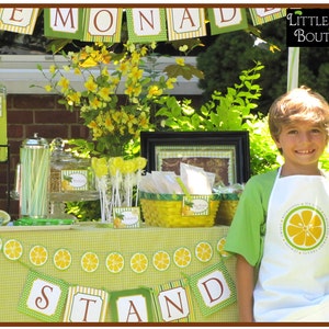 May include: A young boy wearing a white apron with a lemon design and the text "Refreshing & Ice Cold Lemonade" is standing in front of a lemonade stand decorated with yellow and green lemons. The stand has a sign that reads "Lemonade Stand".