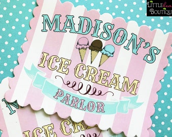 Ice Cream Parlor Party Stickers, Personalized Vintage Style Birthday Favor Labels