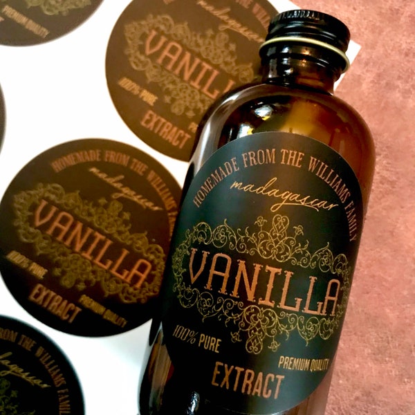 Vanilla Extract Labels - Homemade Madagascar Vanilla Extract labels - Old World Vanilla Extract bottle labels - Vintage Black