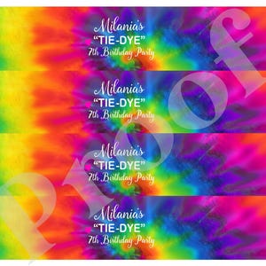 May include: Four colorful tie-dye patterned labels with the text "Milania's "TIE-DYE" 7th Birthday Party" repeated on each label.