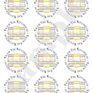 May include: Nine round labels with a rustic design featuring three jars of jam with the text "From the Kitchen of Lauren Matthews" in a circle around the jars.