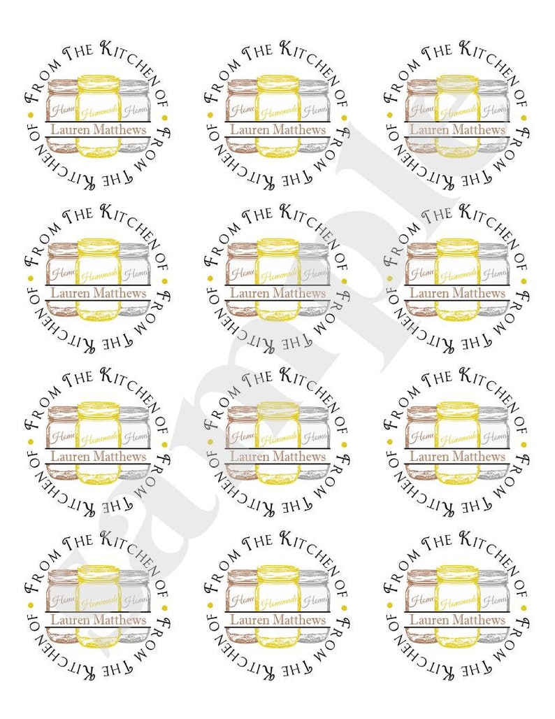 May include: Nine round labels with a rustic design featuring three jars of jam with the text "From the Kitchen of Lauren Matthews" in a circle around the jars.