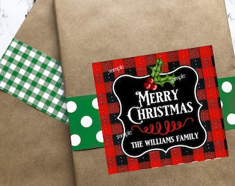 Christmas Gift Labels, Christmas gift Stickers, Personalized Christams Labels, Plaid Holly Gift stickers, Family Gift labels