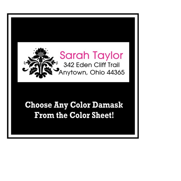 Personalized Stickers,  Damask Return Address Labels, Seals, Tags, CHOICE OF 12 COLORS, set of 60