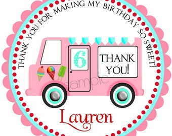Ice Cream Birthday Party Stickers, girls Ice Cream Shop Party Labels, Vintage Ice cream Truck, Children, set of 12