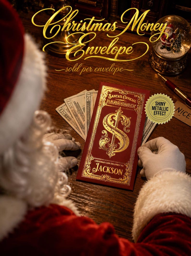 May include: A rectangular red Christmas money envelope featuring gold metallic foil accents. The text reads Santa's Official Bank Vault and Christmas Cash Delivery To: Jackson. A dollar sign is centered on the front with ornate decorative borders.