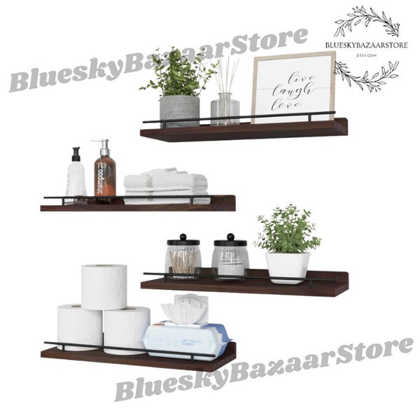 Set Of 4 Wooden Shelf With Black Metal Rail |Modern Shelves | Floating Shelves | Walnut Floating Shelf | Wall Mounted Shelves | Modern Shelf