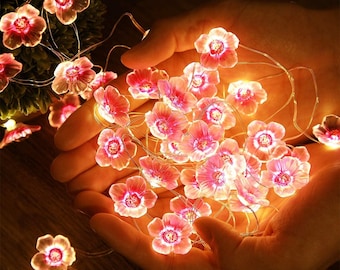 Cherry Blossom Flower String Lights 13FT 40 LEDs, Pink Fairy Fairy Lights USB & Battery Operated, Bedroom Decorative Indoor Outdoor Ambient