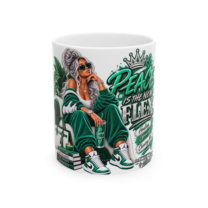 Peace Is The New Flex mug | Urban woman illustration, green streetwear design image 1