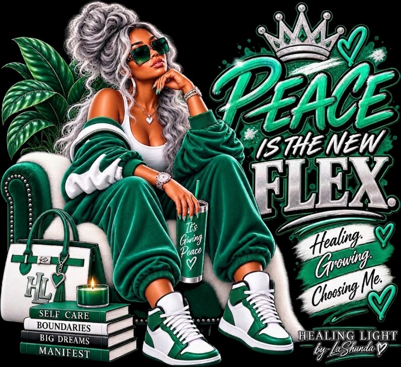 May include: A digital illustration of a person with silver hair wearing a green tracksuit, white tank top, and green and white sneakers. The text reads PEACE IS THE NEW FLEX, Healing, Growing, Choosing Me, and SELF CARE, BOUNDARIES, BIG DREAMS, MANIFEST.
