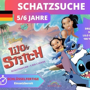Könnte beinhalten: Ein farbenfrohes Produkt zum Thema Disney Lilo & Stitch mit dem Text "SCHATZSUCHE" und "5/6 JAHRE". Das Bild zeigt Lilo, Stitch und andere Charaktere aus dem Film. Der Text "DRUCKBARES SOFORT LILO UND STITCH 100 % DEUTSCH" ist ebenfalls sichtbar.