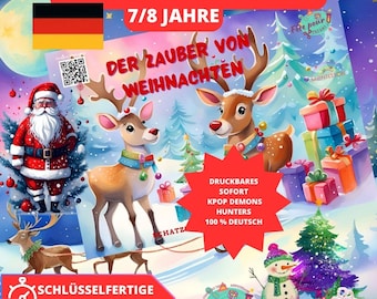 Puede incluir: Ilustración festiva con Papá Noel, renos y un muñeco de nieve en una escena invernal. La imagen presenta texto en alemán, incluyendo "SCHATZSUCHE" y "DER ZAUBER VON WEIHNACHTEN", junto con la bandera alemana. También se ven regalos y árboles de Navidad.