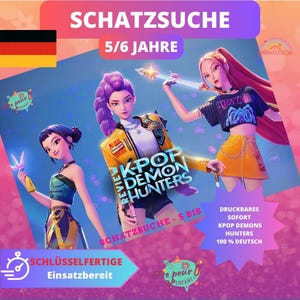 Op de afbeelding: Een digitale illustratie met drie gestileerde vrouwelijke figuren met levendig haar en kleding. De afbeelding bevat Duitse tekst: "SCHATZSUCHE" en "K-POP DEMON HUNTERS". Het ontwerp heeft een speelse, geanimeerde stijl, met een kleurenpalet van blauw, geel en roze.